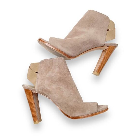 Stuart Weitzman Taupe Suede Peep Toe Stacked Cone Heel Booties Women’s Size 9.5M - Picture 5 of 10